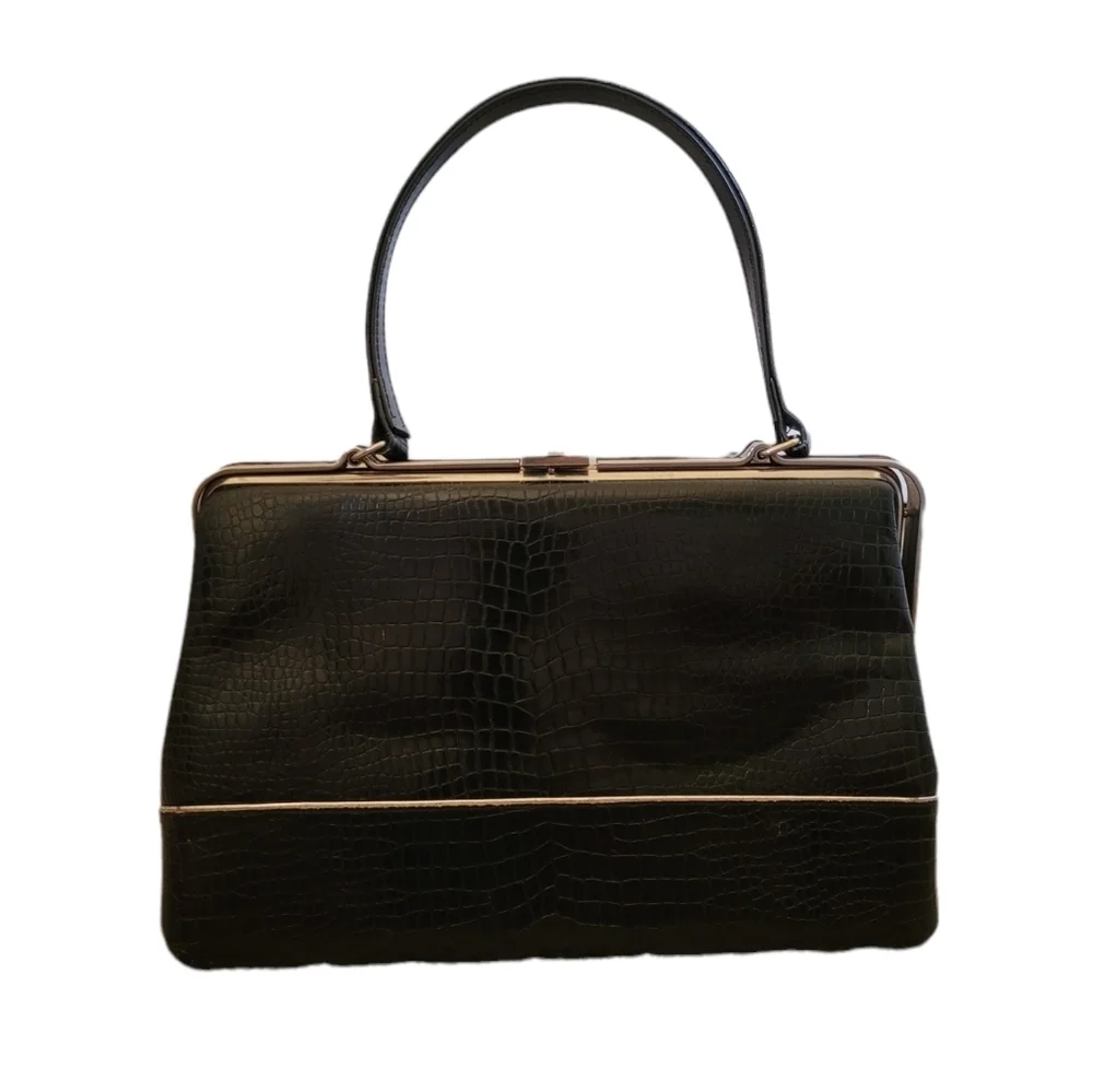 Vintage - 60's Black Leather Reptile Frame Handbag